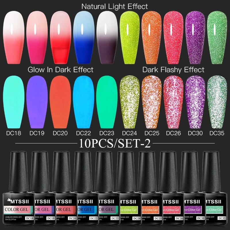 Mtssii 10PCS Reflective Gel Nail Polish Set Fluorescent Glitter Semi Permanent Hybrid Gel Varnish Soak Off UV Lamp For Manicure