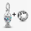 2Pcs/Lot Crystal Blue Scaled Fish Bead With Pendant Fit DIY Brand Charm Bracelet  For Women's Summer Jewelry To Making Gift