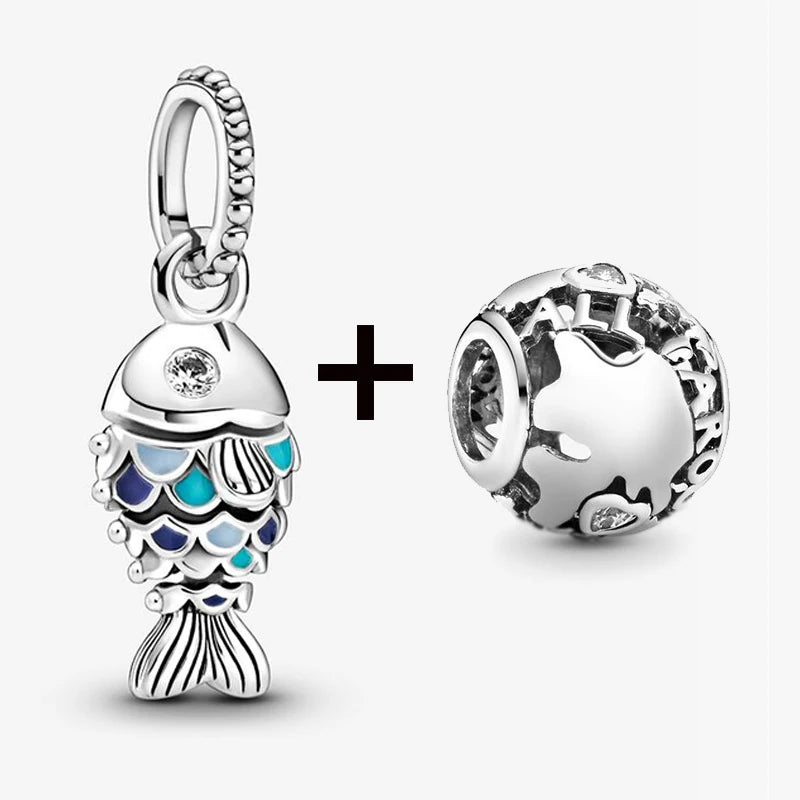 2Pcs/Lot Crystal Blue Scaled Fish Bead With Pendant Fit DIY Brand Charm Bracelet  For Women's Summer Jewelry To Making Gift