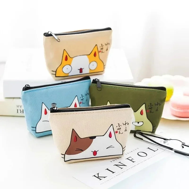 New Cartoon Cat Print Mini Oxford Key Wallet Women Card Holder Zipper Money Pouch Purse Storage Bag Kawaii Girls Cute Wallet