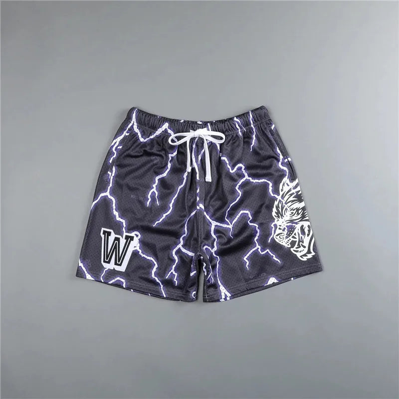 شورت رياضي رجالي شبكي صيفي لكرة السلة واللياقة البدنية والجري شورت قصير مطبوع عليه طباعة ثلاثية الأبعاد بنمط البرق شورت برمودا رجالي