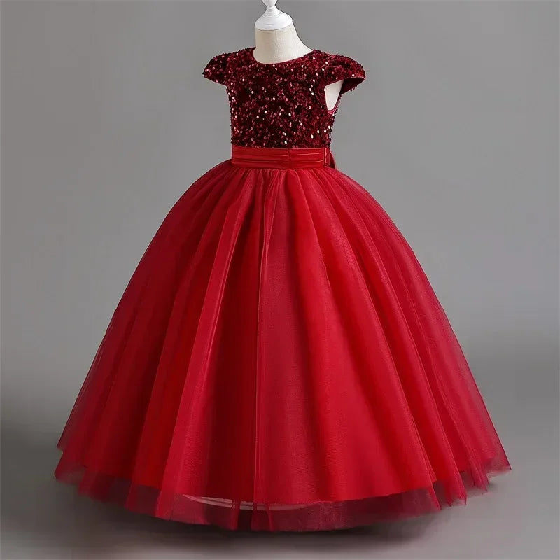 Puffy Girls Party Dress Elegant Kids Wedding Gala Prom Gown Sequin Bow Children Birthday Princess Dress For Girl Clothes 5-14Yrs