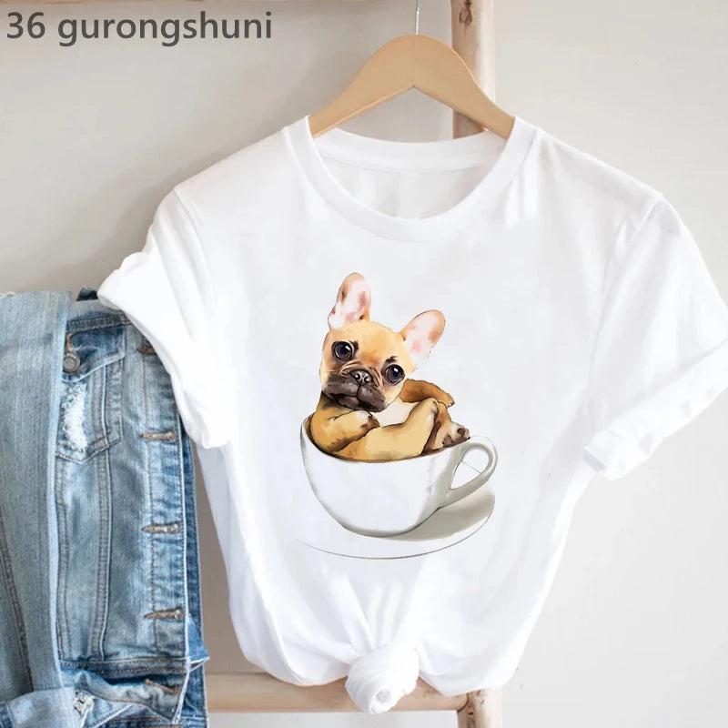 Frenchies In Love Animal Print T-Shirt Women'S Clothing French Bulldog Tshirt Femme Harajuku Kawaii Clothes Dog Lover T Shirt