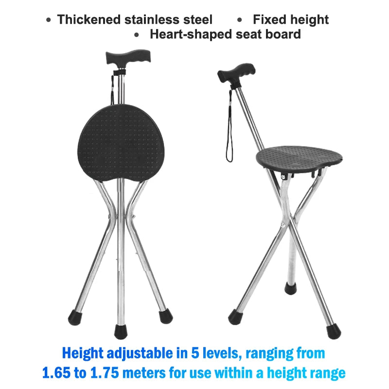 Telescopic Crutch Chair, Three-Legged Walking Stick, Folding Cane Stool, Multi-Functional Elderly Aid With Stability