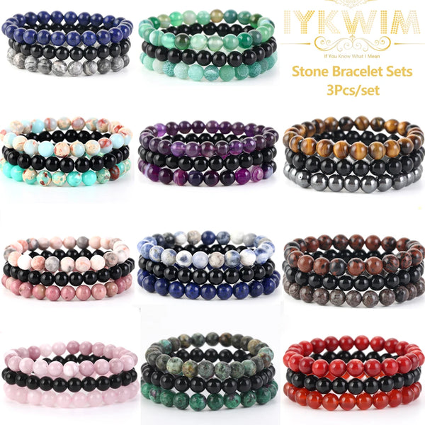 8mm 3Pcs/Set Natural Stone Bracelet Rose Quartz Opal Turquoise Amethysts Hematite Jaspers Bracelets For Women Men Jewelry