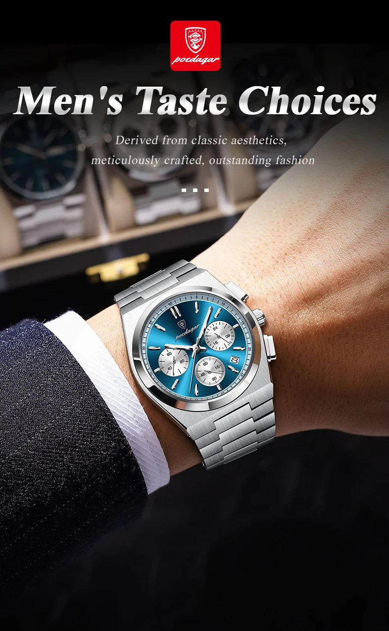 POEDAGAR Luxury Man Quartz Watch Waterproof Luminous Date Chronograph Watches For Men Stainless Steel Fashion Men's Watch Reloj
