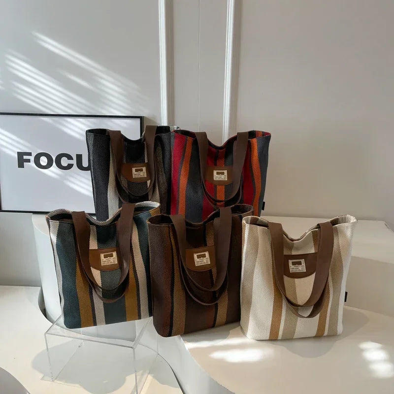Casual Striped Canvas Zipper Large Capacity Shoulder Bags 2025 High Quality Sense of Luxury Color Matching Handbags for Women