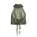 KEYANKETIAN New Cross Lace Up Backless Halter Women's Crop Vest Tops Nylon patchwork Frayed Trim Decoration Sexy Pullover Top