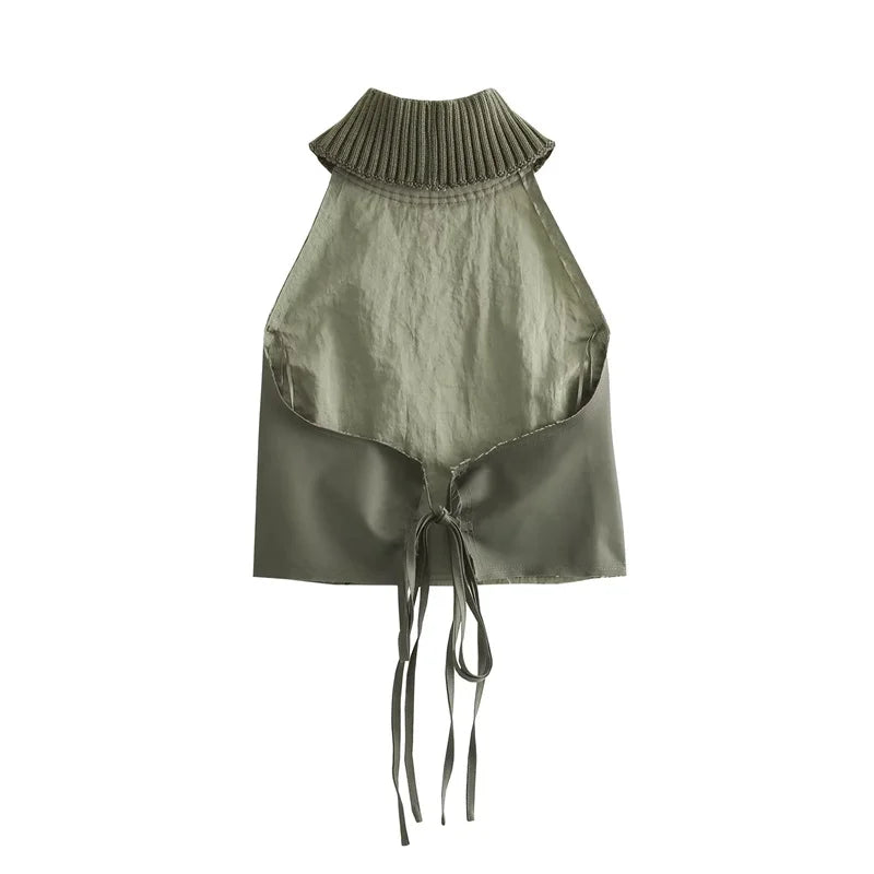 KEYANKETIAN New Cross Lace Up Backless Halter Women's Crop Vest Tops Nylon patchwork Frayed Trim Decoration Sexy Pullover Top