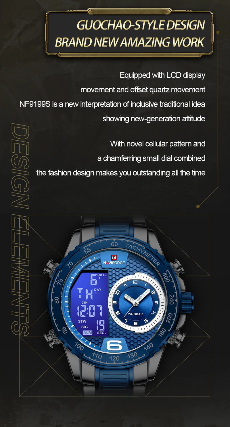 NAVIFORCE Luxury Brand New Watch for Men Stainless Steel Dual Display Quartz Wrist Watches Waterproof Military Sports Male Clock