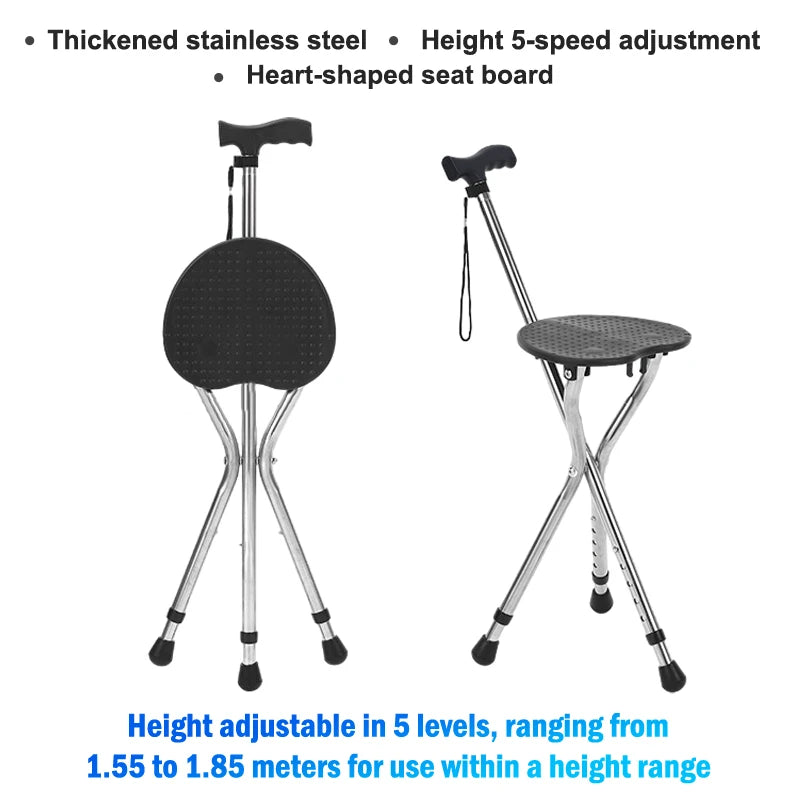 Telescopic Crutch Chair, Three-Legged Walking Stick, Folding Cane Stool, Multi-Functional Elderly Aid With Stability