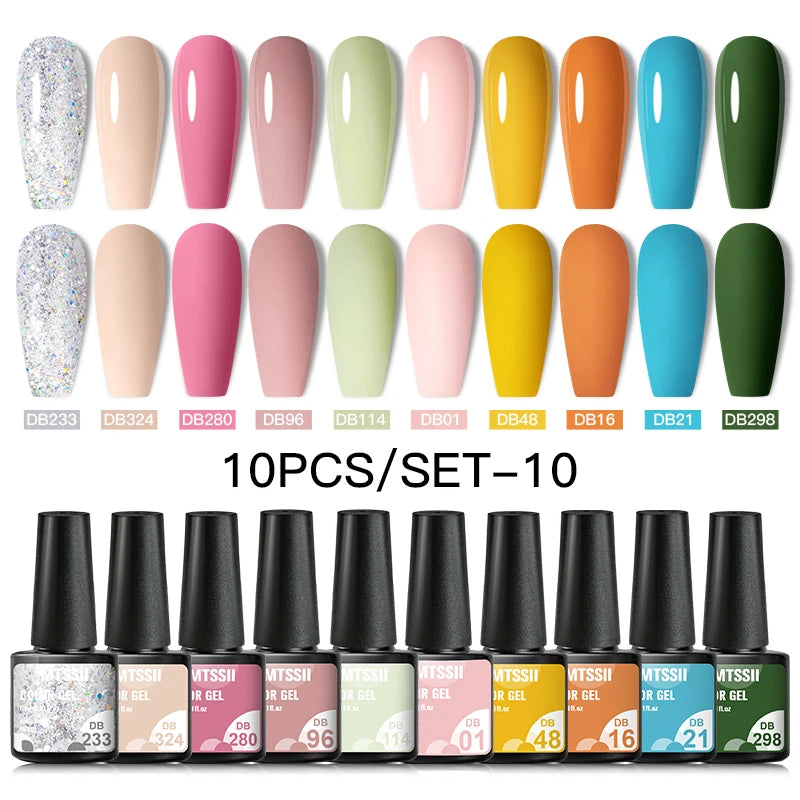 Mtssii 10PCS Reflective Gel Nail Polish Set Fluorescent Glitter Semi Permanent Hybrid Gel Varnish Soak Off UV Lamp For Manicure