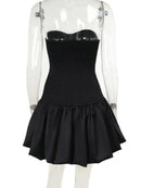 Fashion Sleeveless Backless High Waist Short Ruched Dresses for Women Sexy Strapless Slim A-line Pleated Mini Red Party Dress