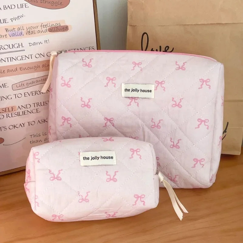 Female Handbag Toiletry Pouch for Girls 2024 Pink Bowknot Quilting Women Cosmetic Bag Portable Zipper Makeup Travel Organizer