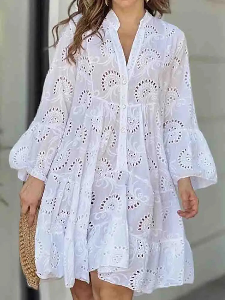 New Elegant V-neck Loose  Embroidery Party Dress Fashion Hollow Solid Lace Dress Women Sexy Ladies Dresses Casual Vestidos 27725
