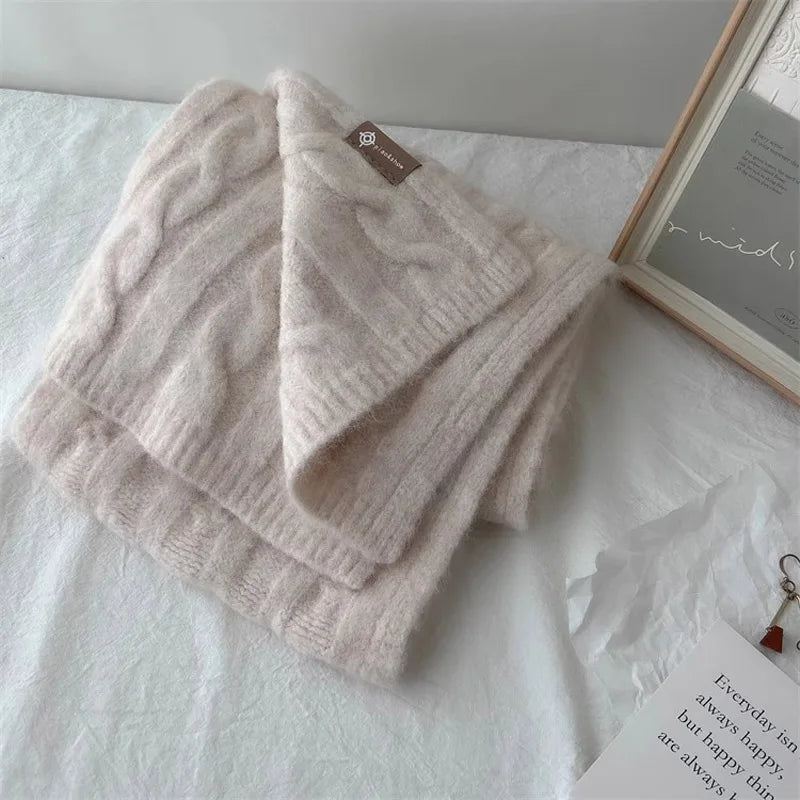 Pure Color Twist Knit Wool Blends Scarf Autumn Winter Lady Men Neckerchief Lovers Student Soft Warm Pashmina Shawl Muffler