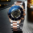 Luxury Hollow Out Men's Watches Fashion Business Calendar Blue Stainless Steel Mesh Belt Analog Quartz Watch Relogio Masculino