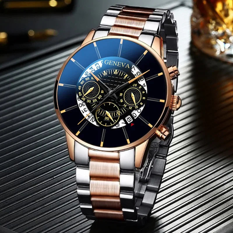 Luxury Hollow Out Men's Watches Fashion Business Calendar Blue Stainless Steel Mesh Belt Analog Quartz Watch Relogio Masculino