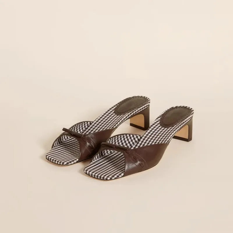 French Square Toe Heeled Open-toe Sandals Women's Retro Versatile Block Heel Straight Bow Sandals Women  Shoes