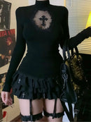 Turtleneck Top Y2k Clothes Black Gothic Cross Hollow Slimming Bottom T Shirt for Women Long Sleeve Sexy T-shirt Girls Tops