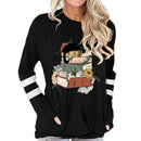 Women's Cotton Long Sleeve T-shirt Vintage Cat with Books Print Round Neck Tops Funny Flower Animal Books Lovers Female Tshirt