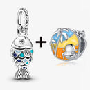 2Pcs/Lot Crystal Blue Scaled Fish Bead With Pendant Fit DIY Brand Charm Bracelet  For Women's Summer Jewelry To Making Gift