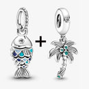 2Pcs/Lot Crystal Blue Scaled Fish Bead With Pendant Fit DIY Brand Charm Bracelet  For Women's Summer Jewelry To Making Gift