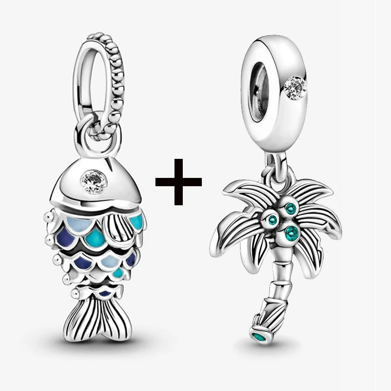 2Pcs/Lot Crystal Blue Scaled Fish Bead With Pendant Fit DIY Brand Charm Bracelet  For Women's Summer Jewelry To Making Gift