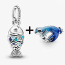 2Pcs/Lot Crystal Blue Scaled Fish Bead With Pendant Fit DIY Brand Charm Bracelet  For Women's Summer Jewelry To Making Gift