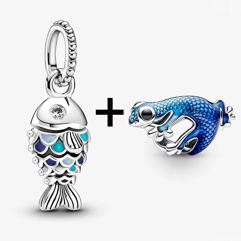 2Pcs/Lot Crystal Blue Scaled Fish Bead With Pendant Fit DIY Brand Charm Bracelet  For Women's Summer Jewelry To Making Gift