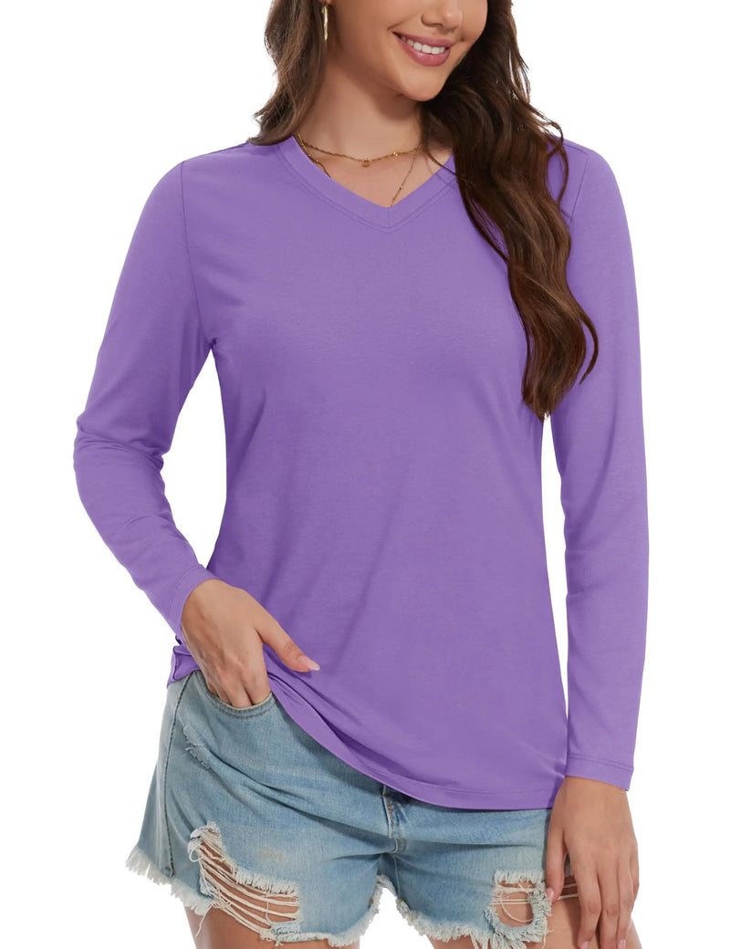 TACVASEN Cotton UPF50+ Sun Protection T-Shirts Womens Fashion V-Neck Long Sleeve Casual Tops Breathable Soft Outdoor Tee Shirts