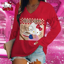 Hello Kitty Women's Long Sleeve T-shirts V Neck Kawaii Clothes 2024 3D Print New Lovely S-3XL Y2k Fashion High Quality Leisure