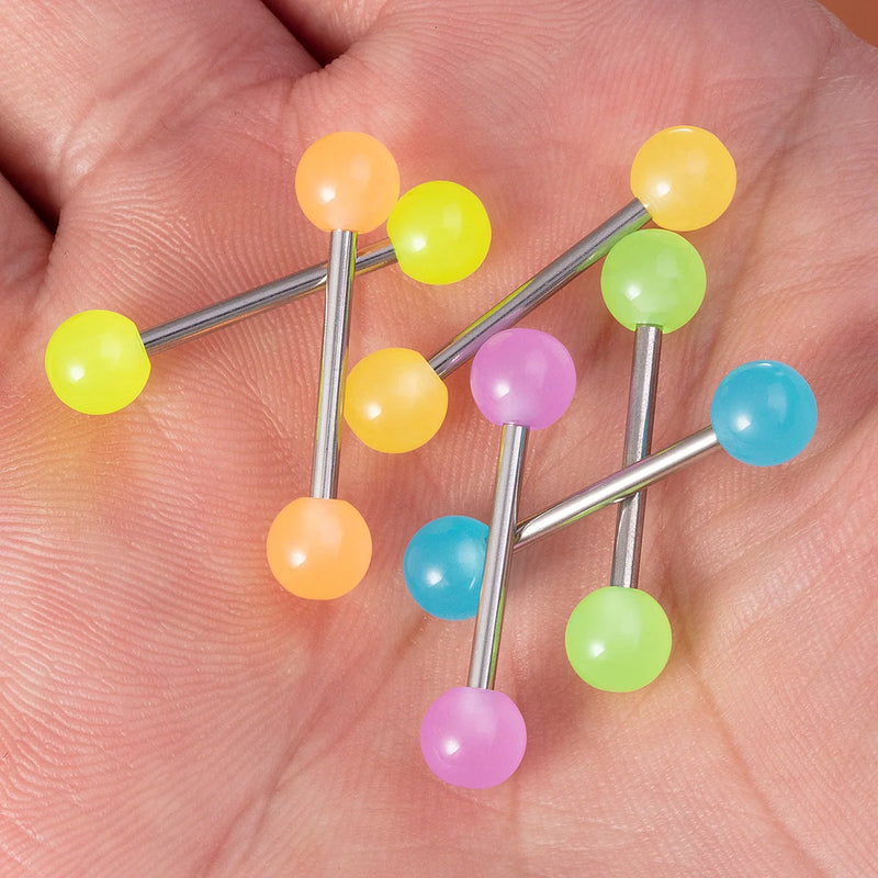 6Pcs Glow in Dark Tongue Rings Barbell Stud Sexy Acrylic Luminous Tongue Piercings Jewelry for Women Men 14G Stainless Steel Bar