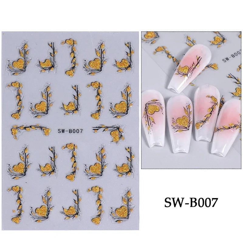 Red Wing Heart Nail Stickers 3D Glitter Stars Moon Lines Foil Metallic Manicure Valentines Decal Slider Manicure Decoration Tips