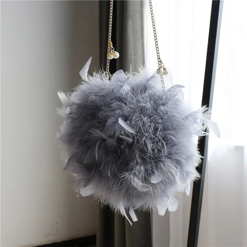 Luxury Women Ostrich Feather Evening Bags Female Party Wedding Dress Shoulder Clutch Fairy Pearl Chain Handbag Purses