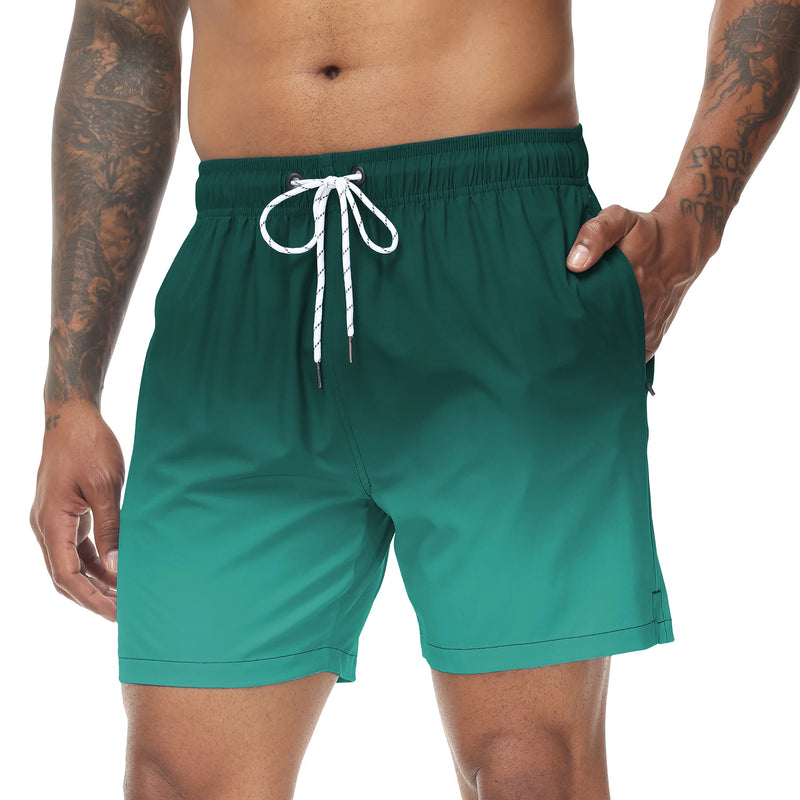 Men's Swim Trunks Gradient Swimming Shorts Quick Dry Beach Shorts with Zipper Pockets and Mesh Lining Fashion Swimsuit for Men