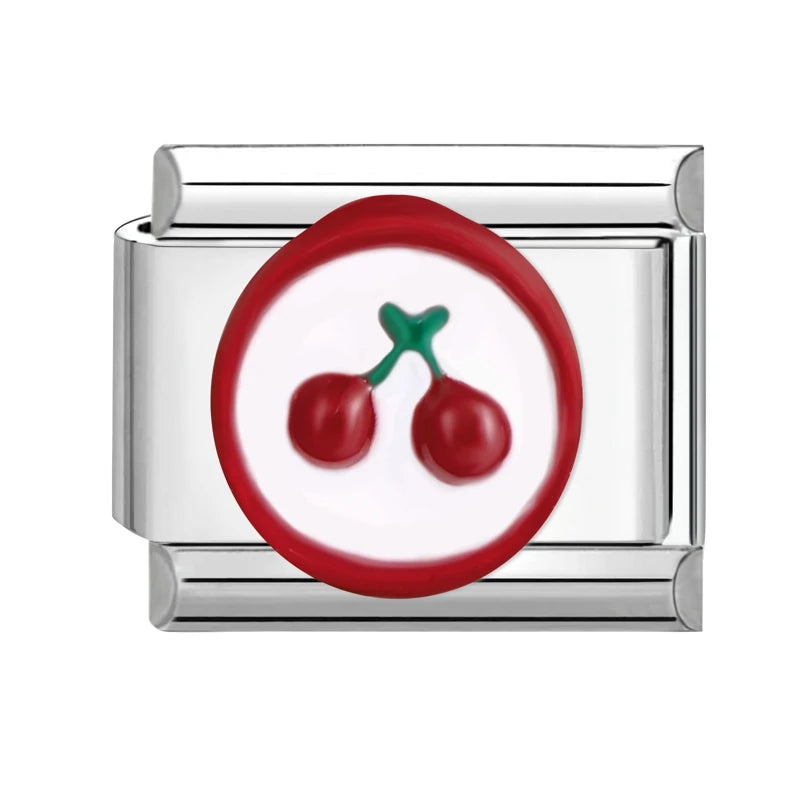 Sweet Red Cherry Bow Knot Heart Pendant Cherry Italian Charm Links Fit 9mm Stainless Steel Bracelet Women Jewelry DIY Making