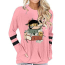 Women's Cotton Long Sleeve T-shirt Vintage Cat with Books Print Round Neck Tops Funny Flower Animal Books Lovers Female Tshirt