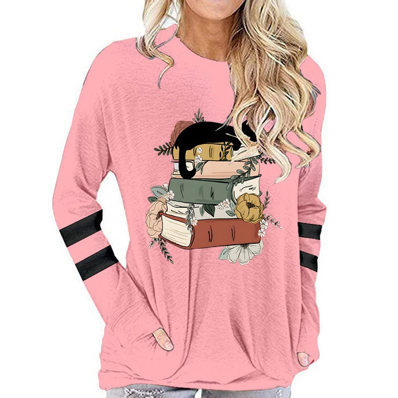 Women's Cotton Long Sleeve T-shirt Vintage Cat with Books Print Round Neck Tops Funny Flower Animal Books Lovers Female Tshirt