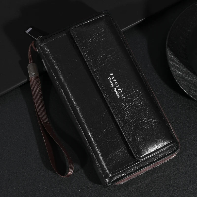 Men's PU Zipper Handbag Large Capacity Long Wallet Clutch Bag Phone Bag Multi Card Card Holder Coin Purse Wallet Double Layer