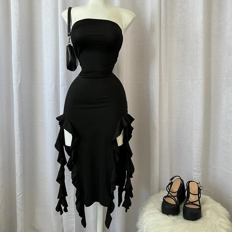 Vestido minivestido sexy sin tirantes con estampado floral, dobladillo plegado, abertura alta, liso, sin espalda, sin mangas, negro y rosa, para fiesta, 2024