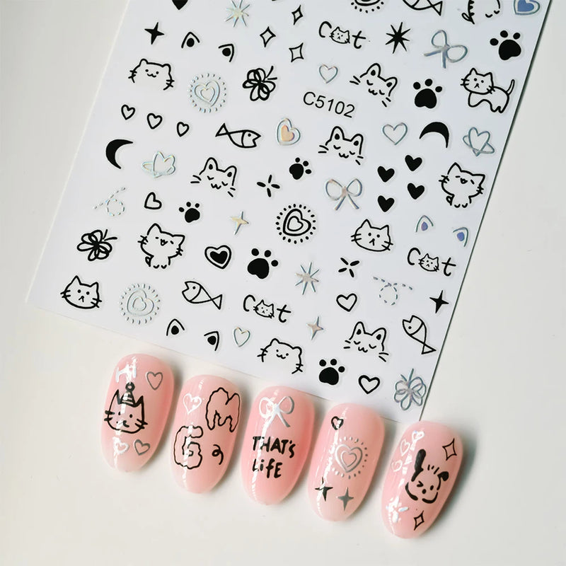 Laser Silver 3D Kawaii Cute Cat Nail Stickers Holographic Cartoon Puppy Dog Graffiti Design Sliders Decals Manicure Decoration