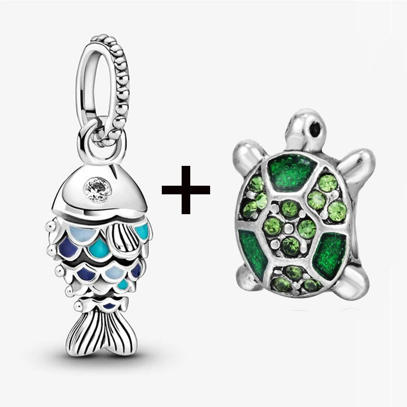 2Pcs/Lot Crystal Blue Scaled Fish Bead With Pendant Fit DIY Brand Charm Bracelet  For Women's Summer Jewelry To Making Gift