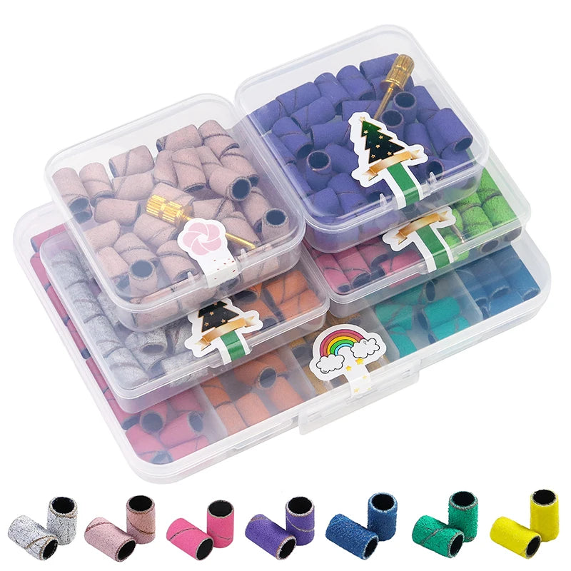 100pcs/box Nail Art Sanding Bands Pink Green Purple Grinding Sand Ring Bit for Electric Drill Machine Accessories Manicure Tools