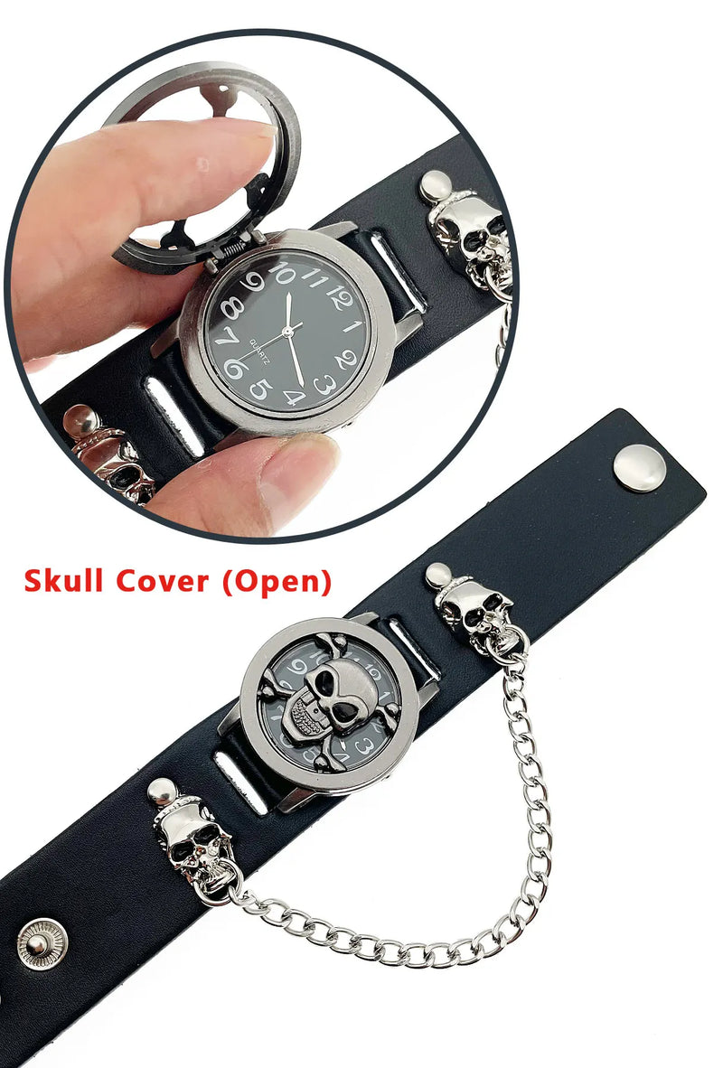 Classic Flip Design Punk Skull Men's Wrist Watch Stainless Skull Chain Elements Cool Fashion for Cosplay Lovers Watches