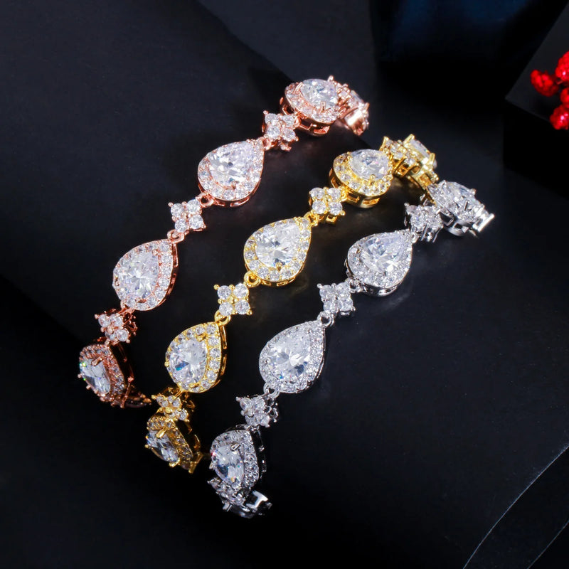 ThreeGraces Shiny Water Drop Cubic Zirconia Elegant Link Chain Bridal Bracelet for Women Luxury Wedding Party Jewelry BR375