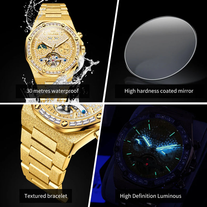 OLEVS 9805 High end Men Watches  Waterproof Moon Phase Diamond Dial Fashion Luxury Mechanical Watch Skeleton Original Wristwatch