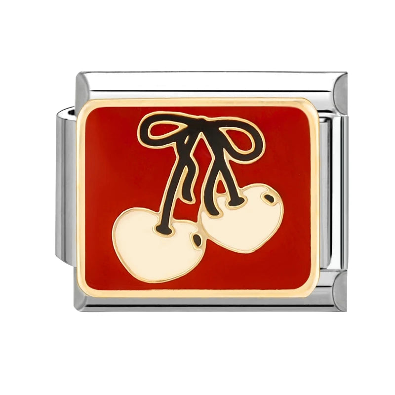 Sweet Red Cherry Bow Knot Heart Pendant Cherry Italian Charm Links Fit 9mm Stainless Steel Bracelet Women Jewelry DIY Making