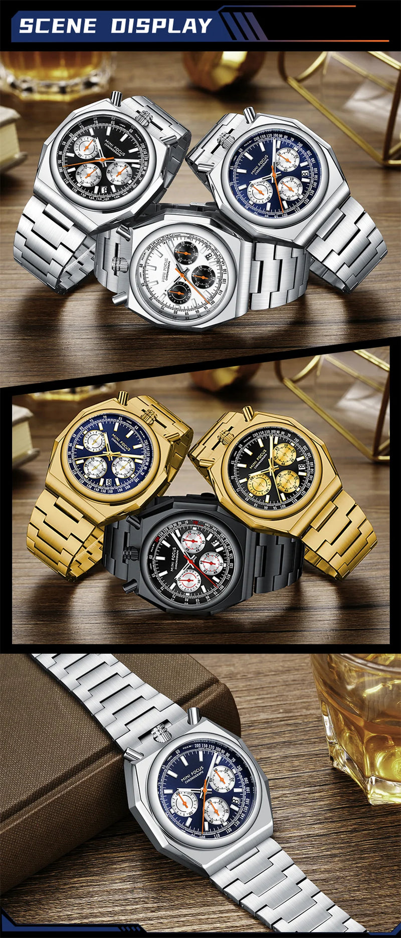 MINI FOCUS 0601 Multifunctional Unique design Quartz Watch for Men Calendar Luminous Stainless Steel Strap Bull Head Mens Watch