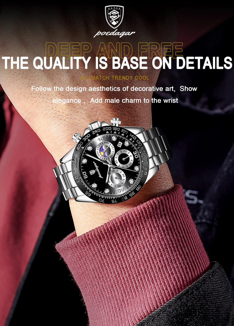 POEDAGAR Luxury Watch For Men High Quality Luminous Waterproof Chronograph Men's Watch Stainless Steel Men Quartz Watches Reloj